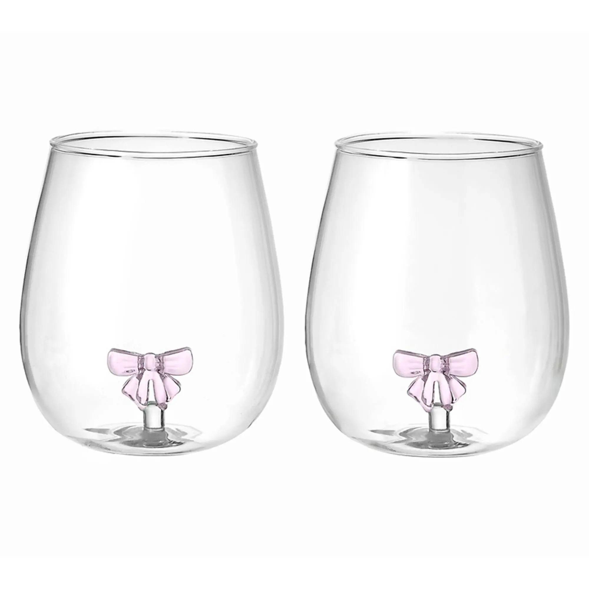 Godinger Set of 2 Pink Bow Stemless Red Wine Glasses