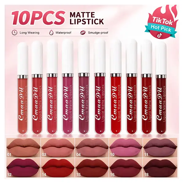 10pcs/Box Matte Lipstick & Lip Gloss Set, 24-Hour Wear, Waterproof, Nonstick, Easy to Apply, All Skin Types, Beginner-Friendly Beauty Makeup Product, 24-Hour Wear Lipstick & Lip Gloss