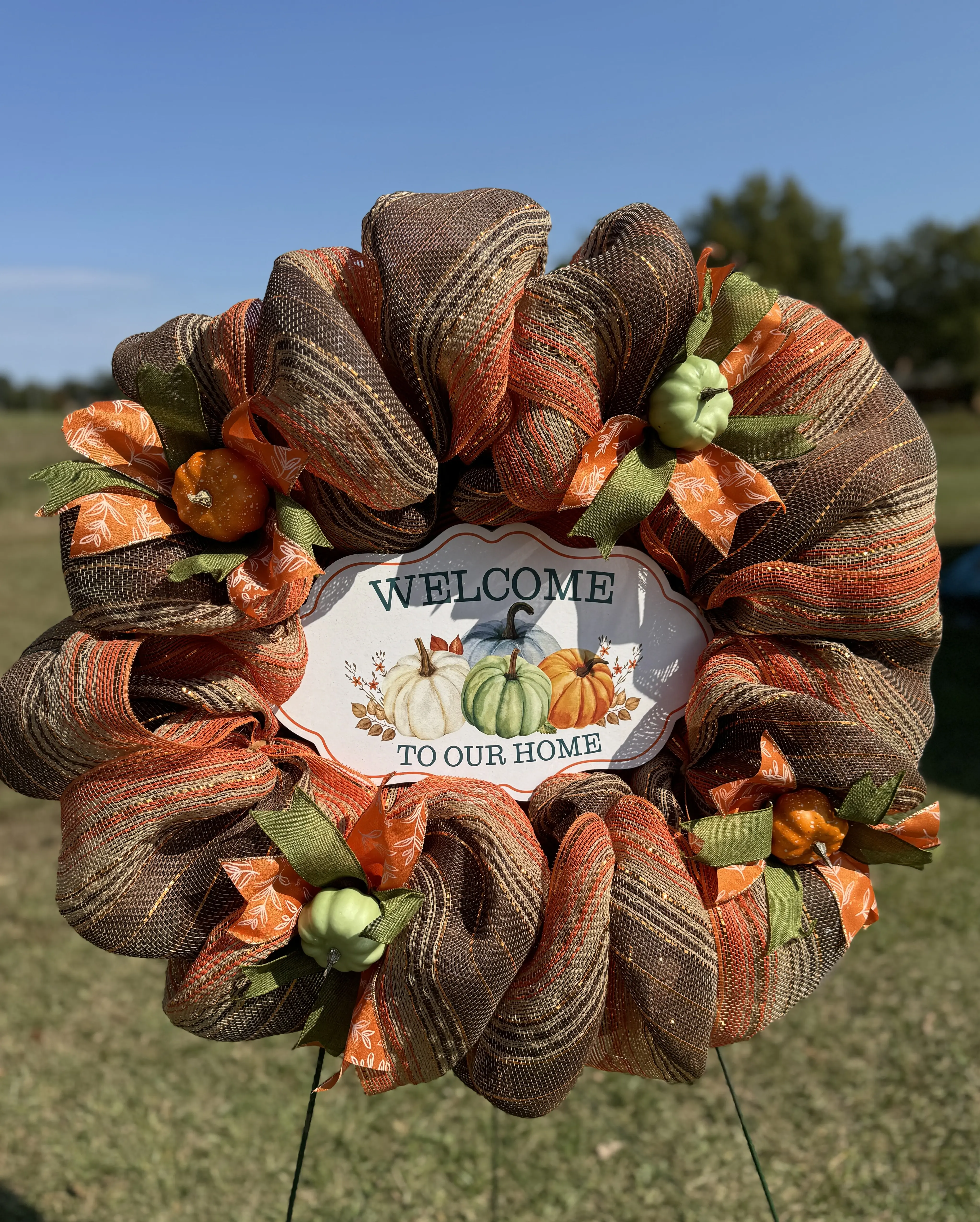 Chocolate Brown Fall Wreath with Welcome to Our Home Sign and Pumpkin Accents for Seasonal Decor