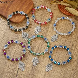 2026 New Hamsa Hand Evil Eye Beaded Bracelet, Blue Faceted Stone Protection Bracelet, Boho Spiritual Healing Jewelry for Men & Women