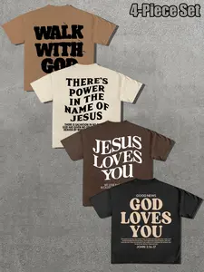 Men's Summer Four-Piece T-Shirt Set, American Street Christian Scripture Print, Faith Theme Loose Fit, Trendy Short Sleeve