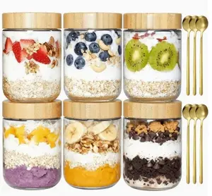 6 Packs Overnight Oats Containers with Bamboo Lids, Glass Jars with Airtight Lids for Meal Prep, Wide Mouth Mason Salad Jars, Glass Food Storage Container for Yogurt Chia Snacks Spice Sugar