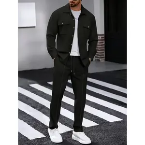 KZZ Men's 2pcs Set Cross-Border Autumn Winter Waffle Double Pocket Workwear Turn Collar Long Sleeve Shirt & Trousers Casual Commuter Outdoor Suit