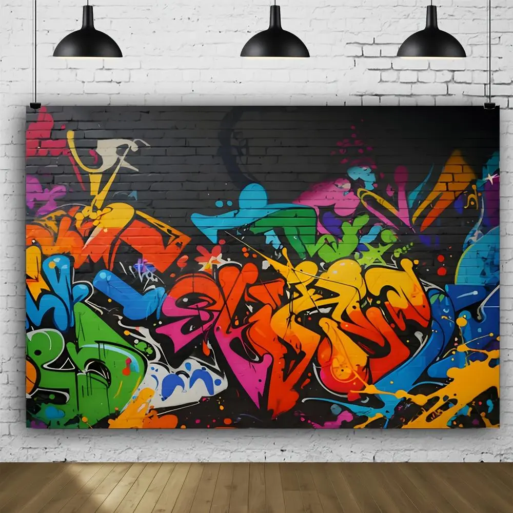 1pc Polyester Fabric Material 2D Flat Graffiti Art Backdrop - Retro Black Brick Texture, Vibrant Graffiti Lettering, Durable for Birthday, Halloween Parties, Photo Booth Banners, Party Decorations