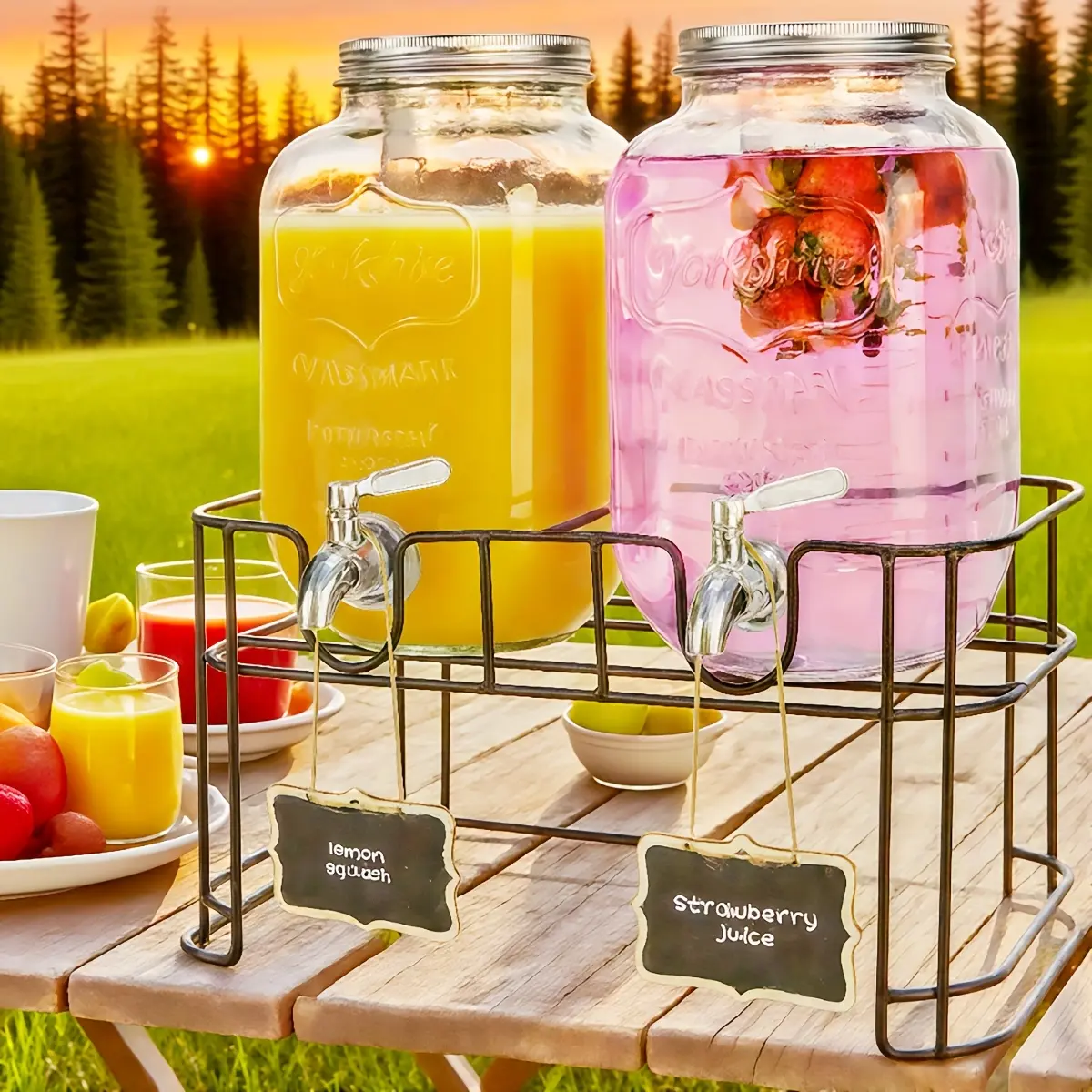 2pcs 1gallon Glass Beverage Dispenser with Stainless Steel Spigot Stand Leakproof Lemonade Dispenser with Ice Tube Kitchen Camping Parties Halloween Christmas