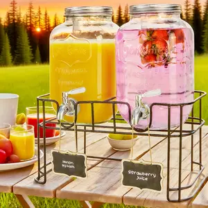 2pcs 1gallon Glass Beverage Dispenser with Stainless Steel Spigot Stand Leakproof Lemonade Dispenser with Ice Tube Kitchen Camping Parties Halloween Christmas
