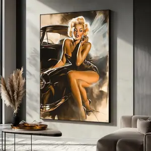 Marilyn Monroe Vintage Canvas Painting, Retro Holly Art, Classic Car Art, Marilyn Monroe Poster, Modern Wall Decor, Elegant Gift for Her Artistic Artwork Cotton Matte Minimalist Print wall decor poster