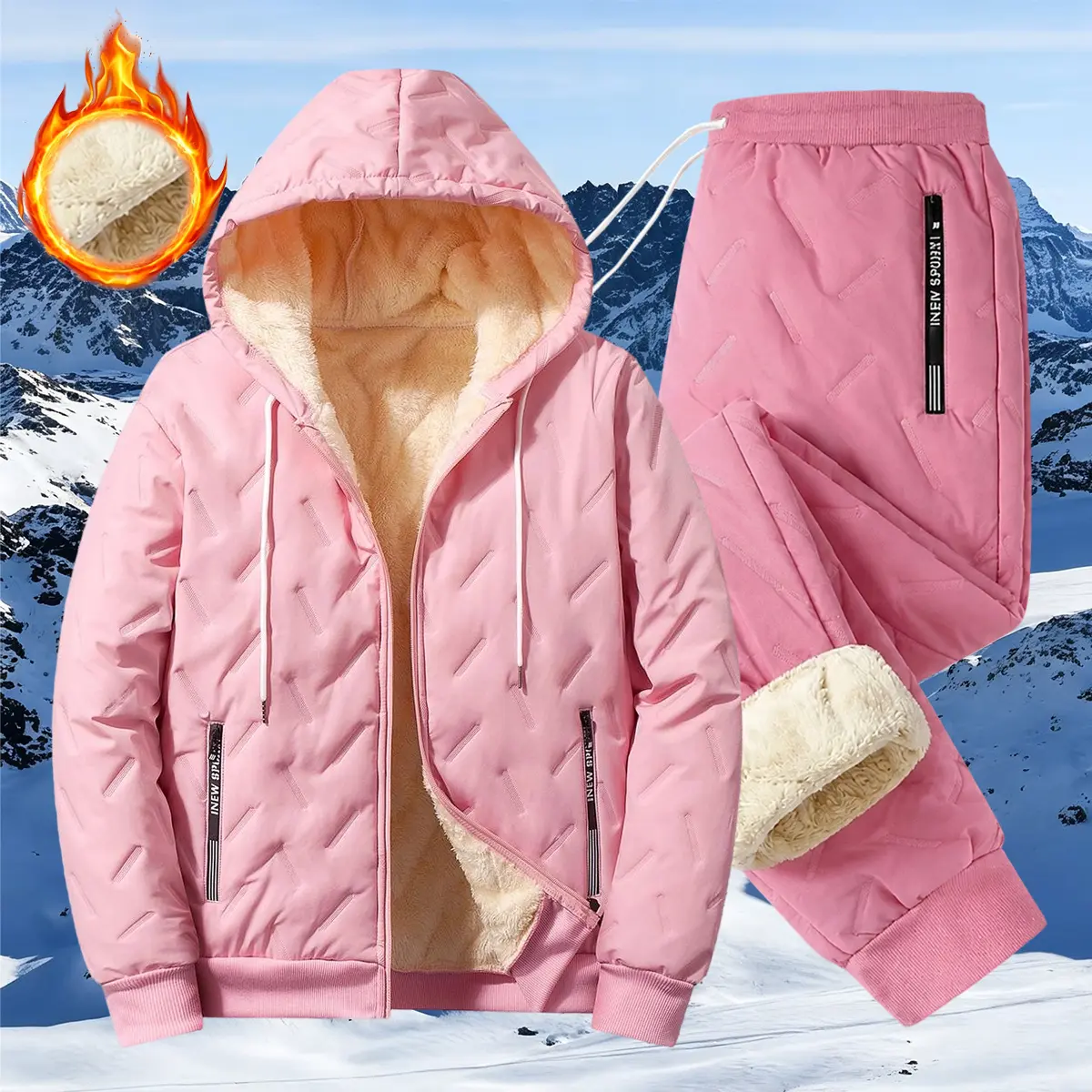 Women’s two-piece thick fleece knit set – multiple pockets, long sleeves, zip-up hooded jacket, suitable for everyday commuting and outdoor leisure, includes sweatpants; women’s set, women’s autumn/winter outfit
