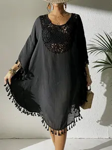 Women's Solid Crochet Fringe Trim Cape Dress, Casual Long Sleeve Round Neck Cover Up Dress for Beach Holiday Vacation, Ladies Clothes for All Seasons