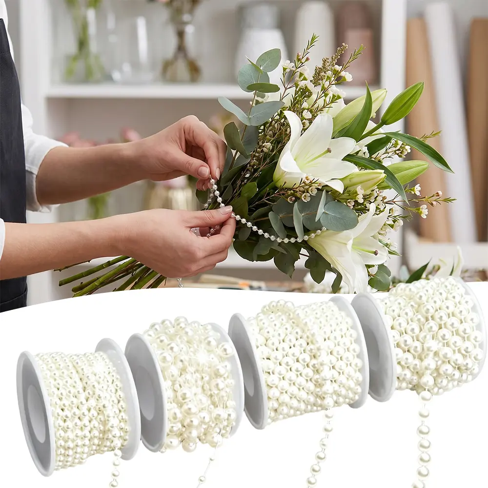 4 Rolls 82 Feet Pearls String Garland, Faux Pearl Beads Roll Strand for Crafts, Artificial Pearls Chain Trim for Wedding Party Flower Valentine Christmas Decoration, 4mm 6mm 8mm 8+3mm