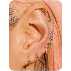 Gold Earrings Set for Women Trendy 14K Gold Plated Gold Dainty Small CZ Diamond Opal Pearl Evil Eye Stud Huggie Hoop Earrings Cartilage Earrings for Women