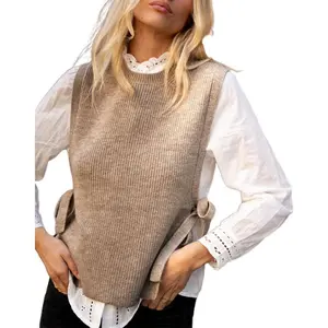 Sweater Vest for Women Crew Neck Side Tie Sweater Vest 2025 Trendy Vest Side Slit Tank Tops Rib Knit Sweater Strappy Tops, Khaki - S