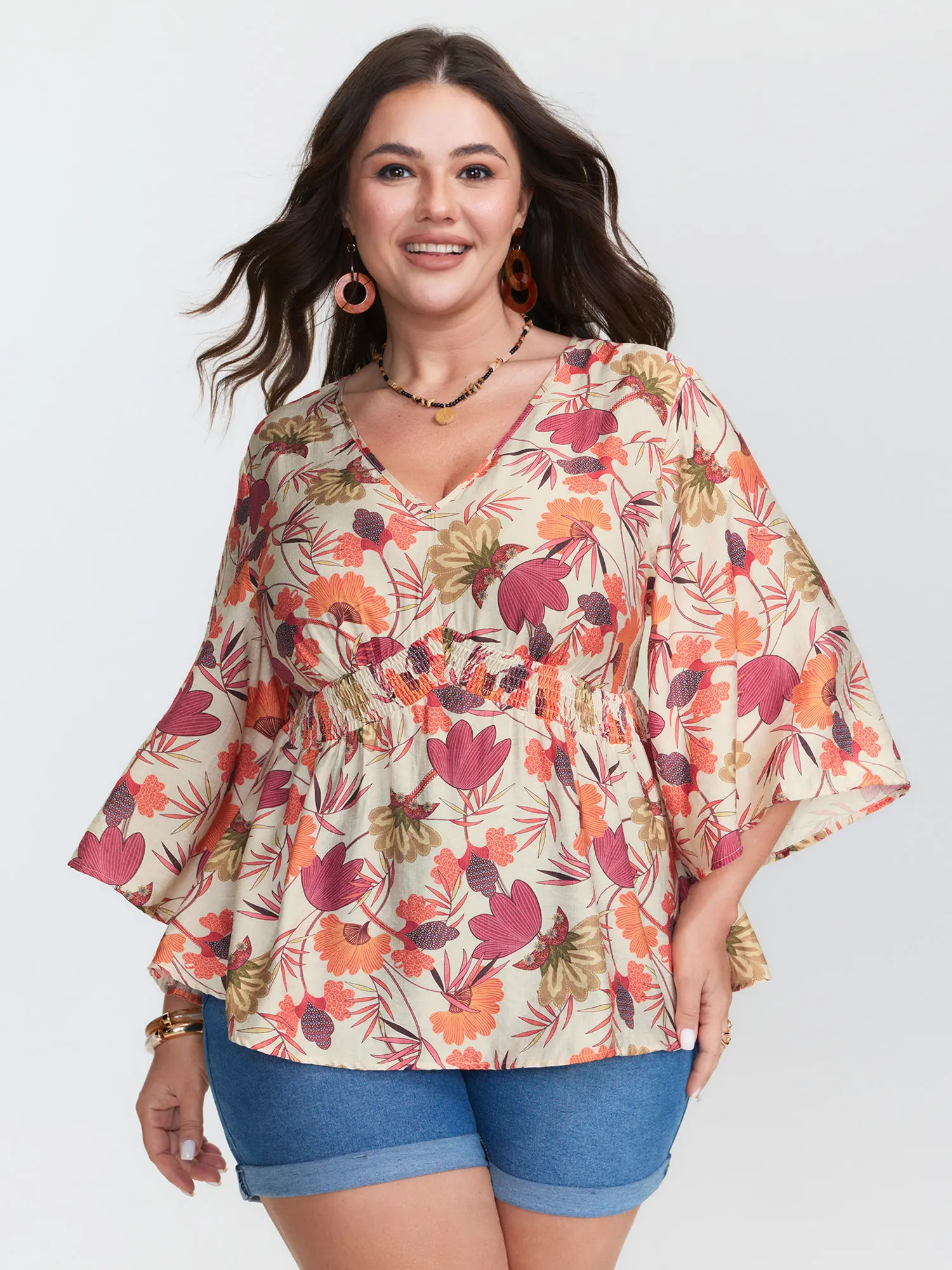BloomChic Women's Plus Size Tropical Print Babydoll Top, Shirred Resort Style with Elbow-Length Sleeve, Nylon Blend Fabric, Fit, Shirts, Resort Wear, Elbow Sleeves, Smooth, Style Inspo, Colorful Style