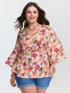 BloomChic Women's Plus Size Multicolor Floral Print Shirred Babydoll Blouse - Smooth Fabric, Neck-Lengthening Fit, Short Sleeve, M-6X 2026 Summer Top for Lady, Ideal Mother's Day Shirts Pick