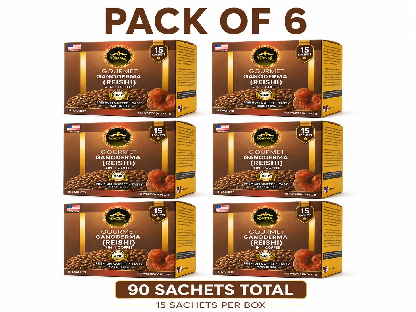 Asian Latte Coffee Ganoderma Singles, 15 Packets (0.64 oz) – Instant Coffee Mix with Reishi Mushroom, Creamy Light Roast, Travel-Friendly Sachets, 6 pack (90 Sachets)