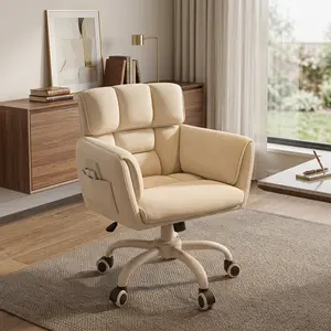 White Modern Home Office Desk Chair with Wheels, Adjustable Height, Side Pockets & Soft Upholstered, Vanity Chair with Backrest & Armrests for Bedroom