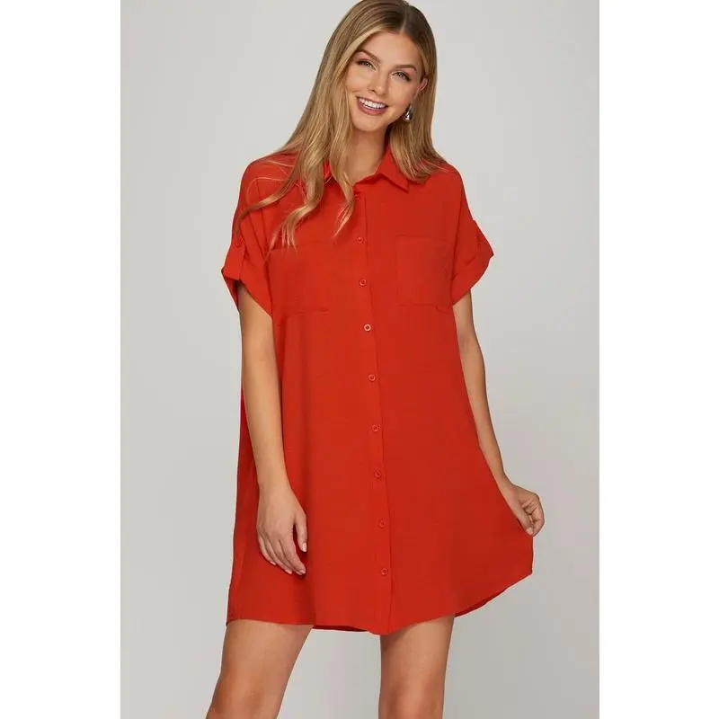 She + Sky Full Size Button Down Short Sleeve Woven Shirt Dress Plus Size for Spring & Summer