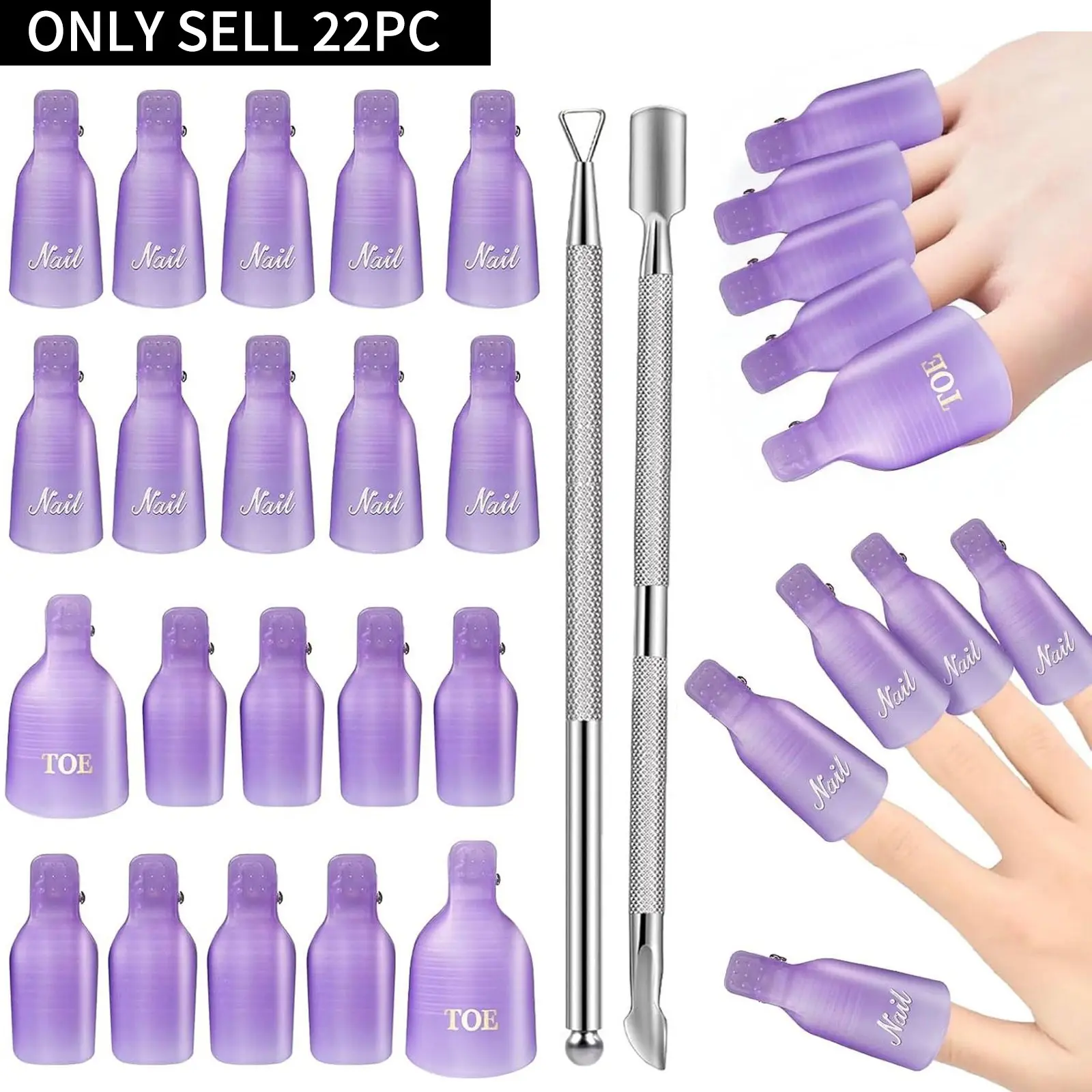 22PCS Gel Nail Polish Remover Clips Kit, Reusable Soak Off Caps for Fingers & Toes, with Double-Ended Cuticle Pusher Tools, Fast Mess-Free Acrylic & Gel Nail Removal Manicure at Home or Salon