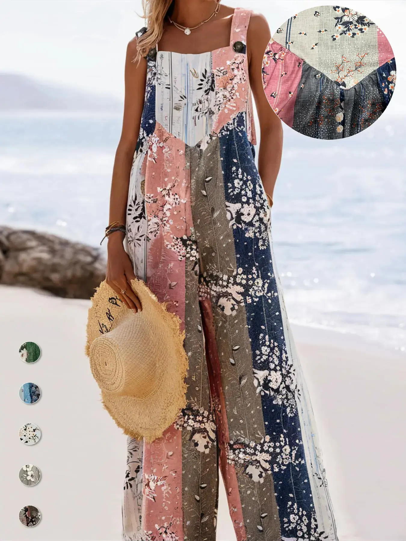 Plus Size All Over Print Floral Button Design Overall, Bohemian Casual Sleeveless Wide Leg Jumpsuit for Beach Vacation, Womenswear for Summer
