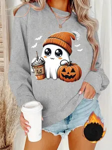 Ghost & Pumpkin Print Pullover Sweatshirt, Halloween Long Sleeve Crew Neck Sweatshirt For Fall & Winter, Women's Clothing