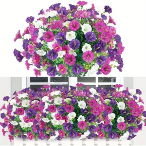 42 Bundles of Artificial Low Petunias, Resistant to Wind & Rain, Vibrant Colors, High-Quality Plastic, Ideal for Balcony & Terraces, Outdoor Artificial Flowers