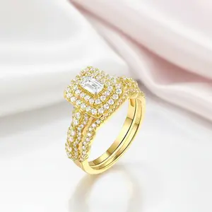 Emerald Cut Diamond Option Double Halo Engagement Ring Set