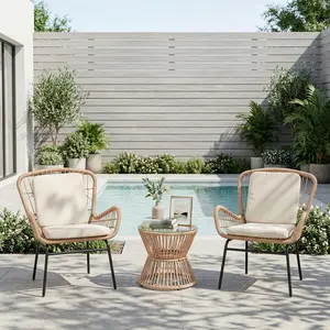 Garvee All-Weather PE Rattan Patio Bistro Set – 3 Piece Outdoor Furniture with 2 Cushioned Chairs & Tempered Glass Table – Comfortable Garden, Porch, Balcony, Poolside Seating