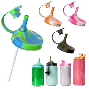 Dipesi 4 Pack Silicone Soda Can Lids with Retractable Straws Reusable Gradient Color Jar Lids BPA Free Food Grade Silicone Fits Standard Cans Drinkware - 4Pcs