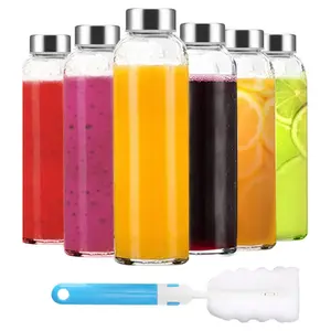 18oz Clear Glass Bottles with Stainless Steel Lids Set of 6 | Leakproof BPA-Free Reusable Juice & Water Bottles for Refrigerator