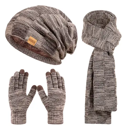REDESS Adult 3-Piece Winter Beanie, Scarf & Gloves Gift Set - Warm Fleece-Lined Knit Hat, Cozy Long Scarf, Plain Male Universal Touch Screen Compatible Sports Outdoor Accessory