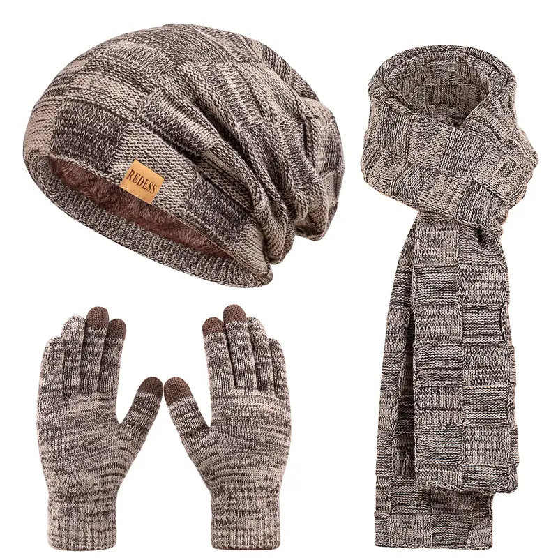 REDESS Adult 3-Piece Winter Beanie, Scarf & Gloves Gift Set - Warm Fleece-Lined Knit Hat, Cozy Long Scarf, Plain Male Universal Touch Screen Compatible Sports Outdoor Accessory