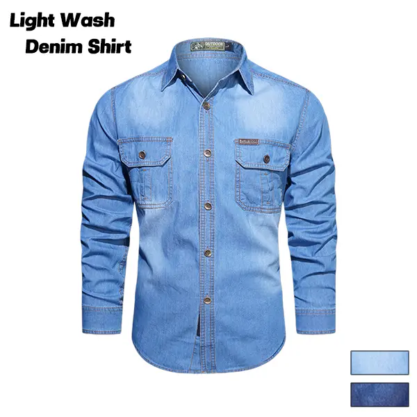 Men's Lightly Washed Denim Button Shirt, Casual Everyday Universal Style