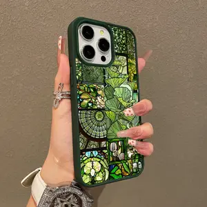 Magnetic Stylish Case for iPhone 17 16 E Pro Max 15 Plus 14 13 12 11 XS XR, Aesthetic Green Stained Glass Collage Vibes | Lightweight, Shockproof, Silicone, Scratch Resistant, and Cute