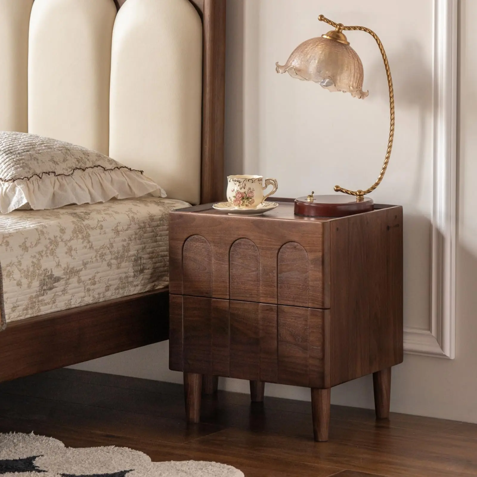 YESWOOD Solid Wood Nightstand, Mid Century Modern Nightstands with 2 Arched Drawers, Small Bedside Table for Low Bed, Wooden Night Stand for Bedroom, Wood Side End Tables Living Room