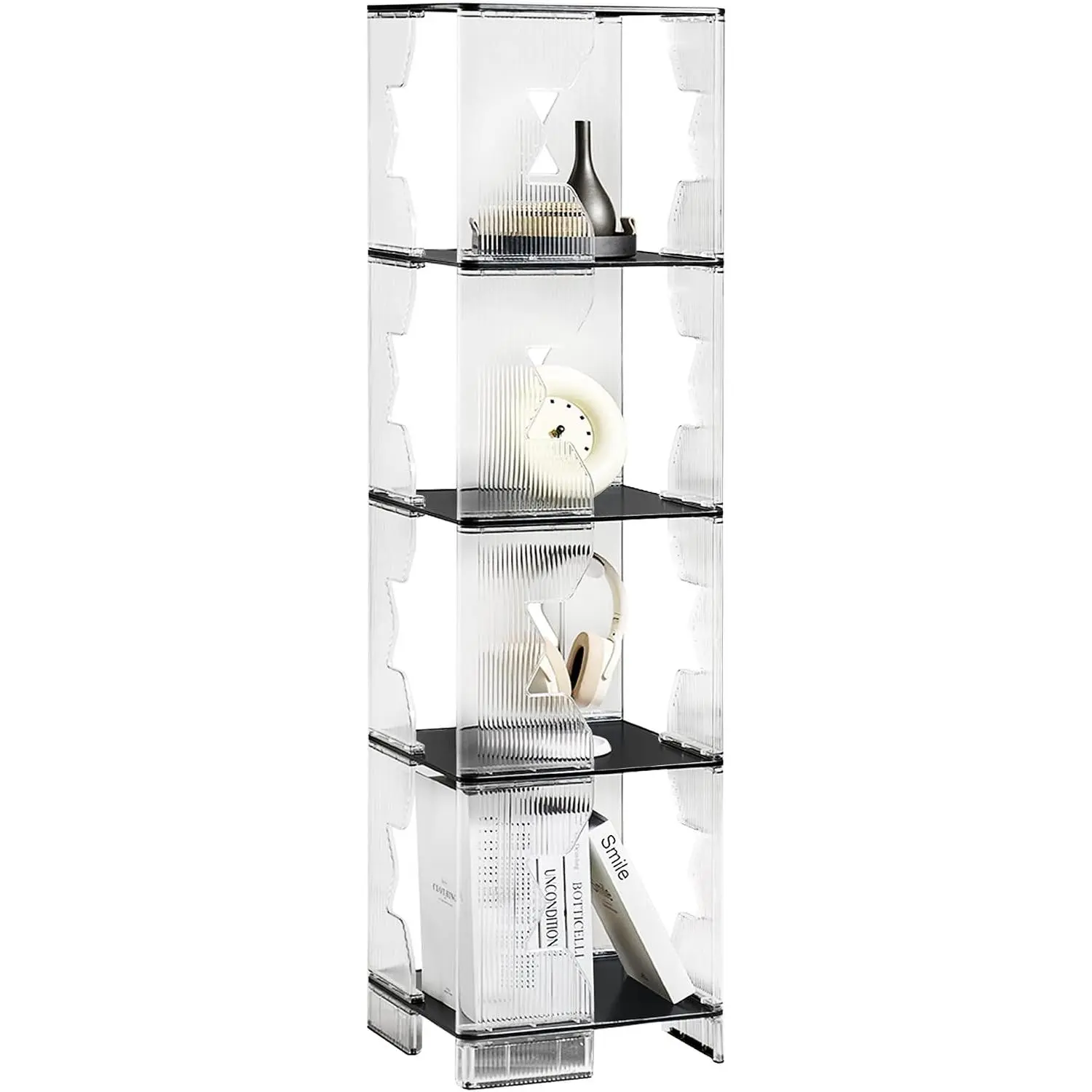 Clear 4-Tier Bookcase, Small Space for Bedroom, 49.8"x13.4"x13.4"| Clear Plastic Shelf Unit with Black Shelves, Space-Saving Organizer for Bed, Desk & Floor