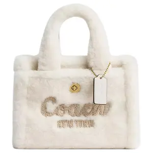 Coach Cargo 20 Tote Bag with Script Logo Embroidery and Wool Leather, Small Size, Women's, White