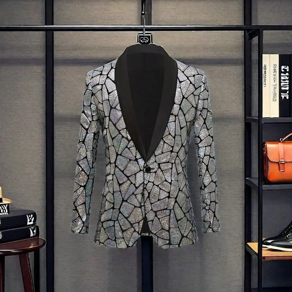 Men's Shiny Sequin Long Sleeve 1-Button Menswear Blazer Coat with Decoration for Party, Wedding - Silver
