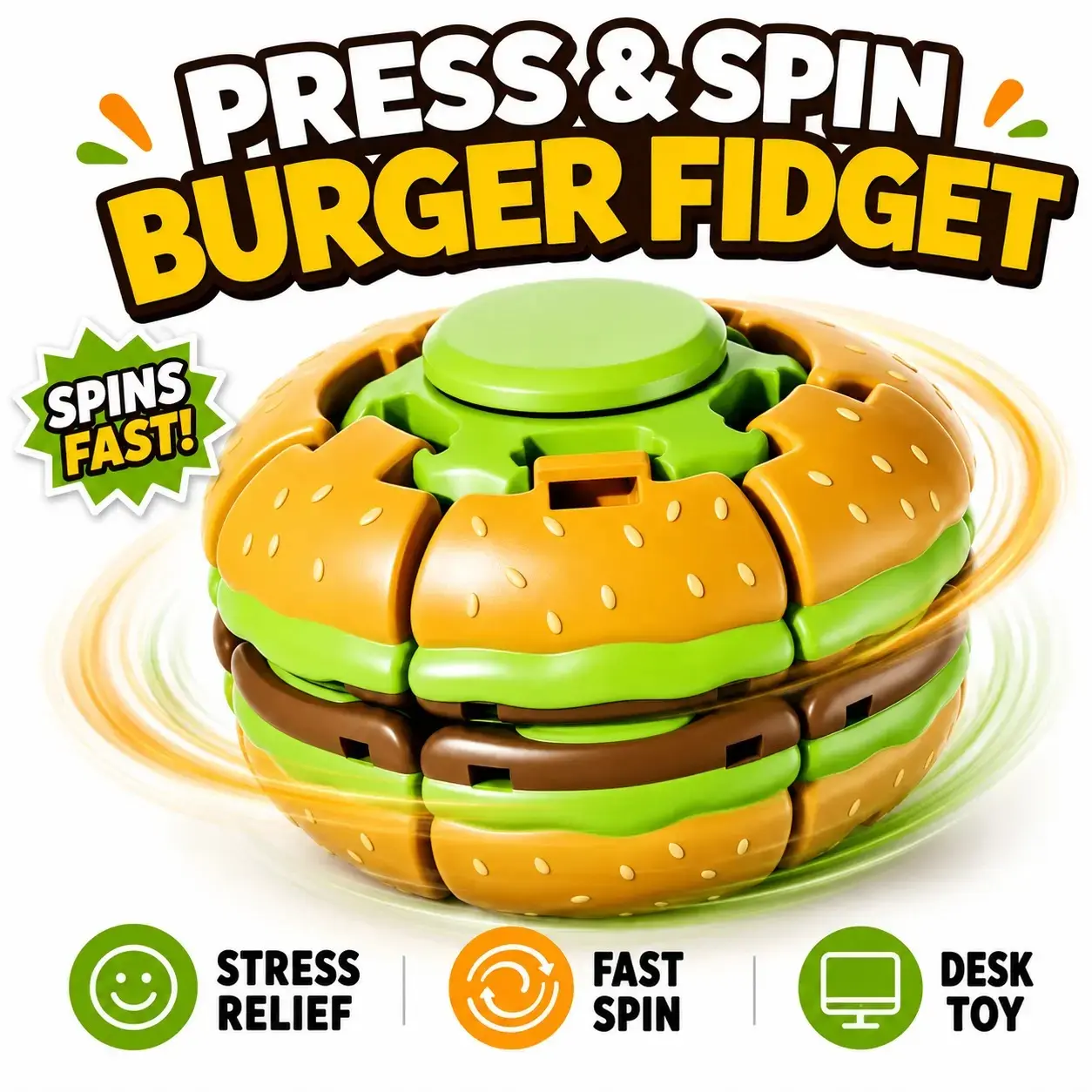 Funny Hamburger Fidget Spinner Toy, Press-Activated Rotating Finger Toy, Stress Relief Sensory Toy, Novelty Desk Toy