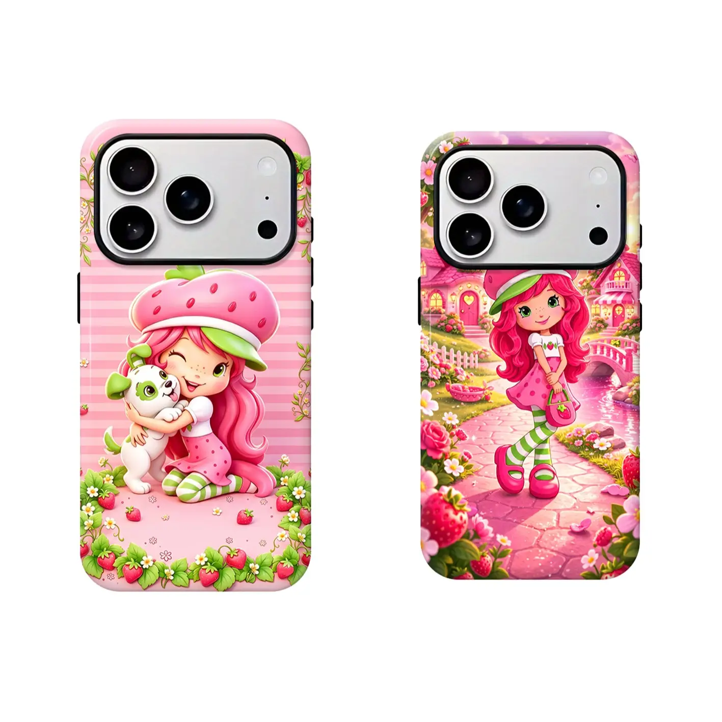 Pink Strawberry Girl & Dog Phone Case - Cute Cartoon Shockproof Protective Cover