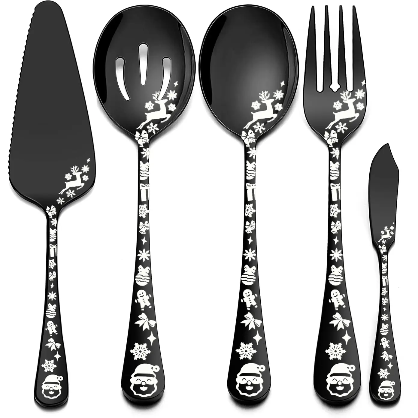 5PCS Christmas Serving Utensils, Tableware Set, Cutlery Set, Stainless Steel Cake Server/Serving Spoon/Slotted Serving Spoon/Serving Fork/Butter Knife, Kitchen Tools for Christmas/Thanksgiving/Party/Buffet, Holiday Table Decor, Cutlery Service Kits
