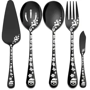 5PCS Christmas Serving Utensils, Tableware Set, Cutlery Set, Stainless Steel Cake Server/Serving Spoon/Slotted Serving Spoon/Serving Fork/Butter Knife, Kitchen Tools for Christmas/Thanksgiving/Party/Buffet, Holiday Table Decor