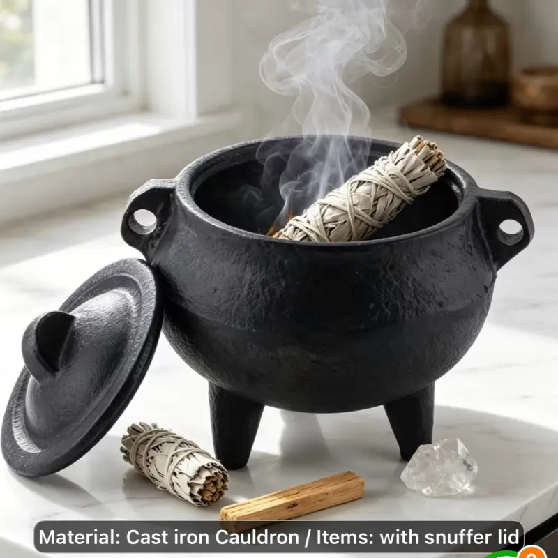 1pc Cast Iron Cauldron Smudge Pot with Snuffer Lid - Burner for White Sage, Palo Santo
