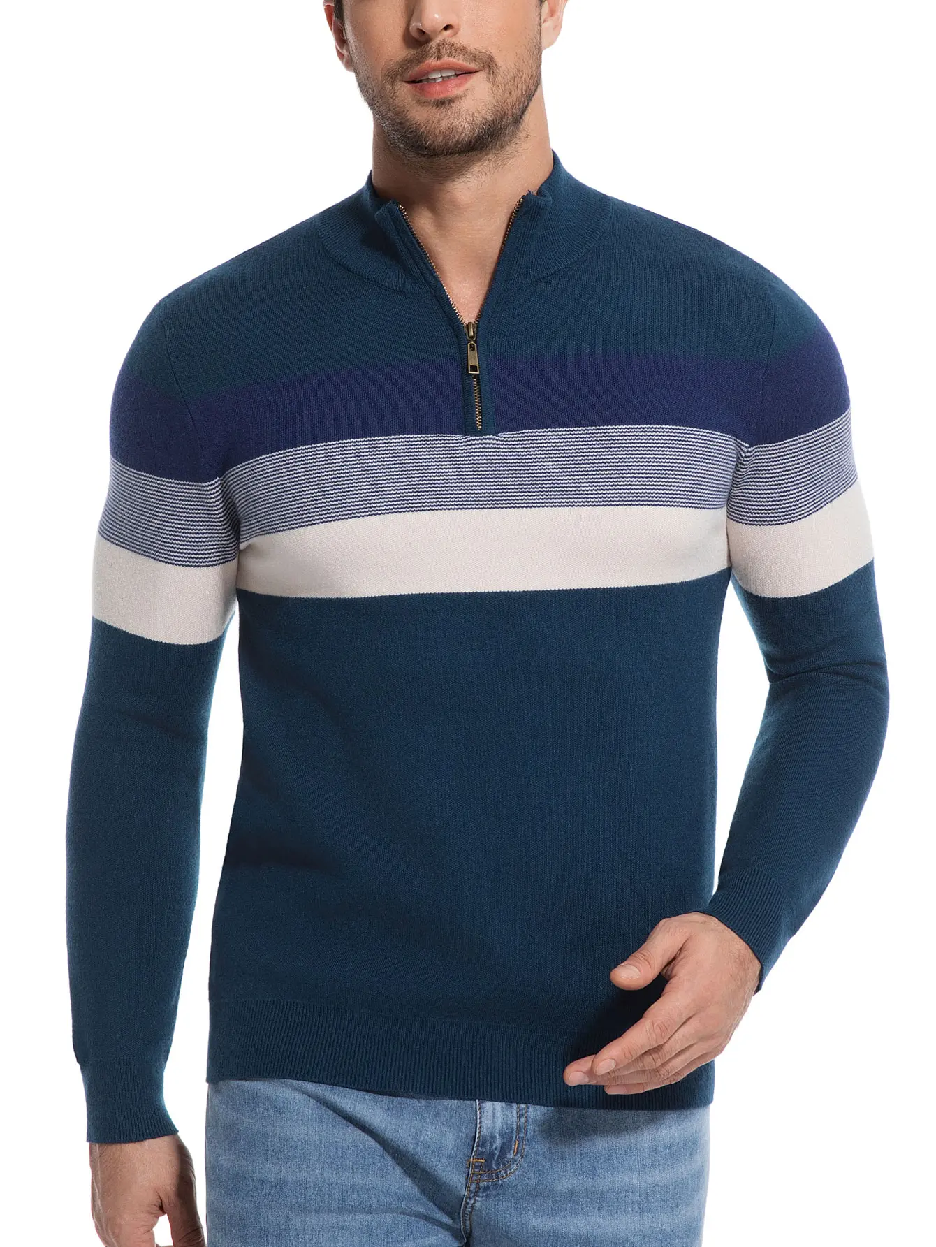 Men’s Half-Zipper Colorblock Mock Neck Knitwear Sweater - Soft Cotton, Stretch Fabric, Long-Sleeve Pullover with Classic Coat Hem for Fall Winter, Casual Work, Golf