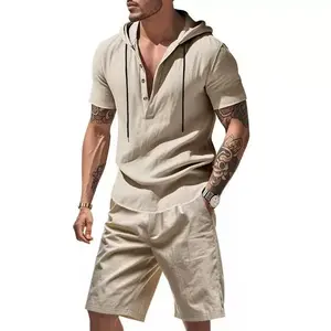 Men's 2-Piece Casual Summer Outfit, Hooded Short Sleeve Henley Shirt & Drawstring Waist Shorts Set, Lightweight Breathable Loungewear for Beach Trips, Vacation, Urban Commuting & Casual Daily Wear