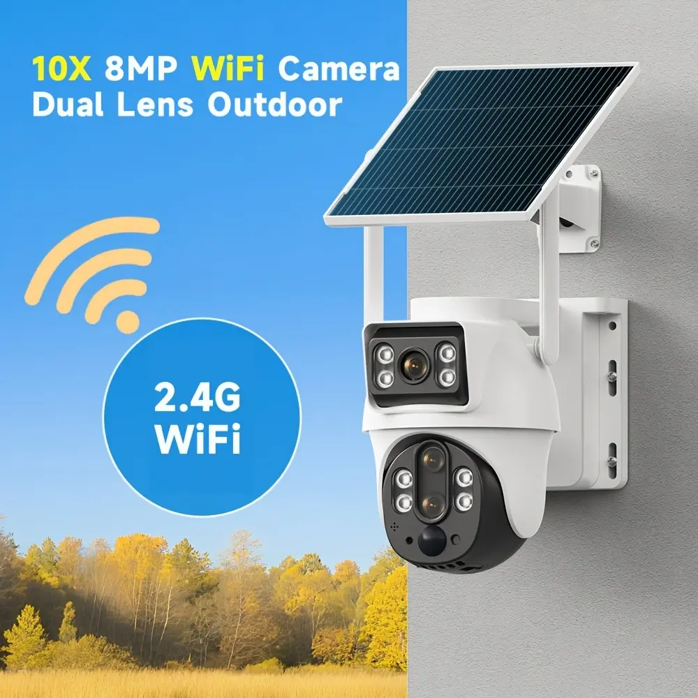 XIAOVV WiFi Smart Solar-Powered Dual Lens Camera With 10x Zoom, PTZ 360° Rotation,2.4GHz WiFi Connection, Motion Detection, Two-Way Audio, 8MP FullColor Night Vision, For Garage,Estates, Home Security Solar Wireless Outdoor Surveillance