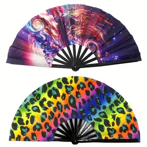 2pcs Folding Fan UV Rave Dollar Fans for Women Foldable 13inch Decoration Dancing Party Wedding Night Club Concert Popping Large Stars and Leopard Print