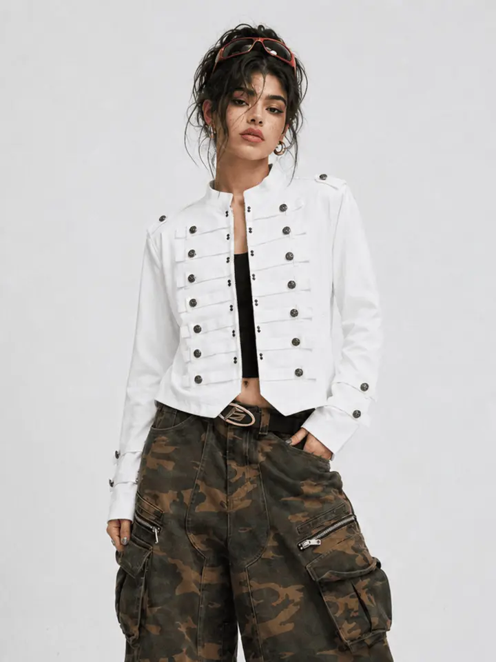 Aelfric Eden Napoleon Jacket Decorative Strap Metal Button Cropped Boxy Silhouette Structured Sturdy Fabric Streetwear Punk Casual Unisex Jacket
