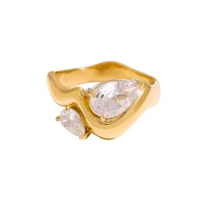 Double Teardrop Crystal Asymmetrical Ring - 18k Gold Plated Stainless Steel