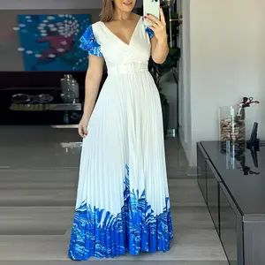 ChicMe Women's Colorblock Placement Print Spliced Overlap V-Neck Ruffles Sleeve Pleated Maxi Dress Elegant Zipper Back Cinched Waist Vacation Dress with Belt