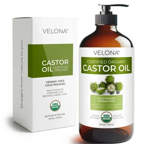 Velona USDA Certified Organic Cold-Pressed Castor Oil - 16 fl oz Glass Bottle, USP Grade, Hexane-Free, Alcohol-Free Haircare Product for Adults, Curly Hair Hydrator, Thicker Hair, Eyelash & Brow Volume Boost